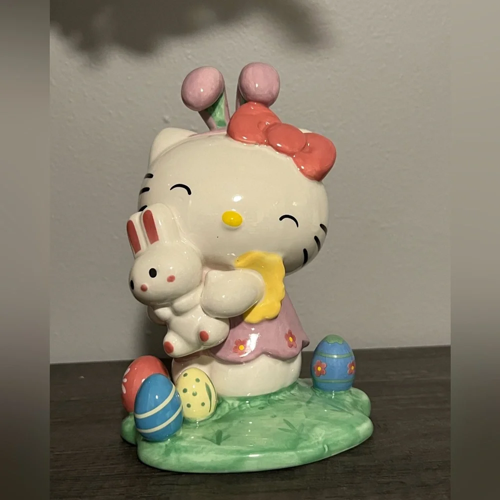Cute Kitty Figurine with Bunny and Eggs